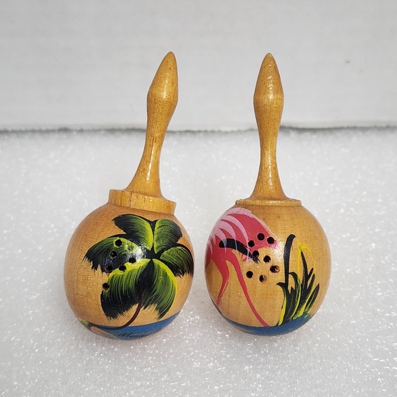 Mid Century Wooden VTG Maracas Salt & Pepper Shakers Small  Flamingo Palm‎ - Picture 1 of 7